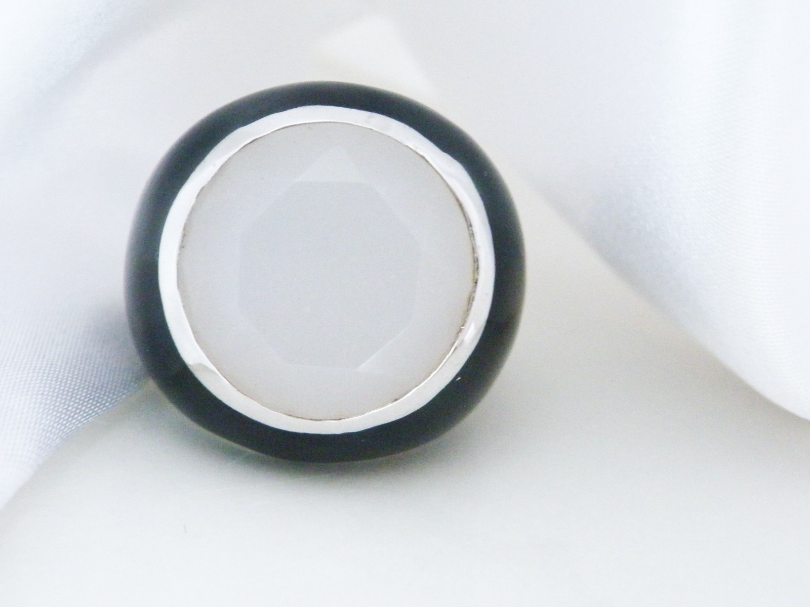 Vintage Sterling Silver 925 Quartz Black Enamel Bubble Statement Ring Size 8