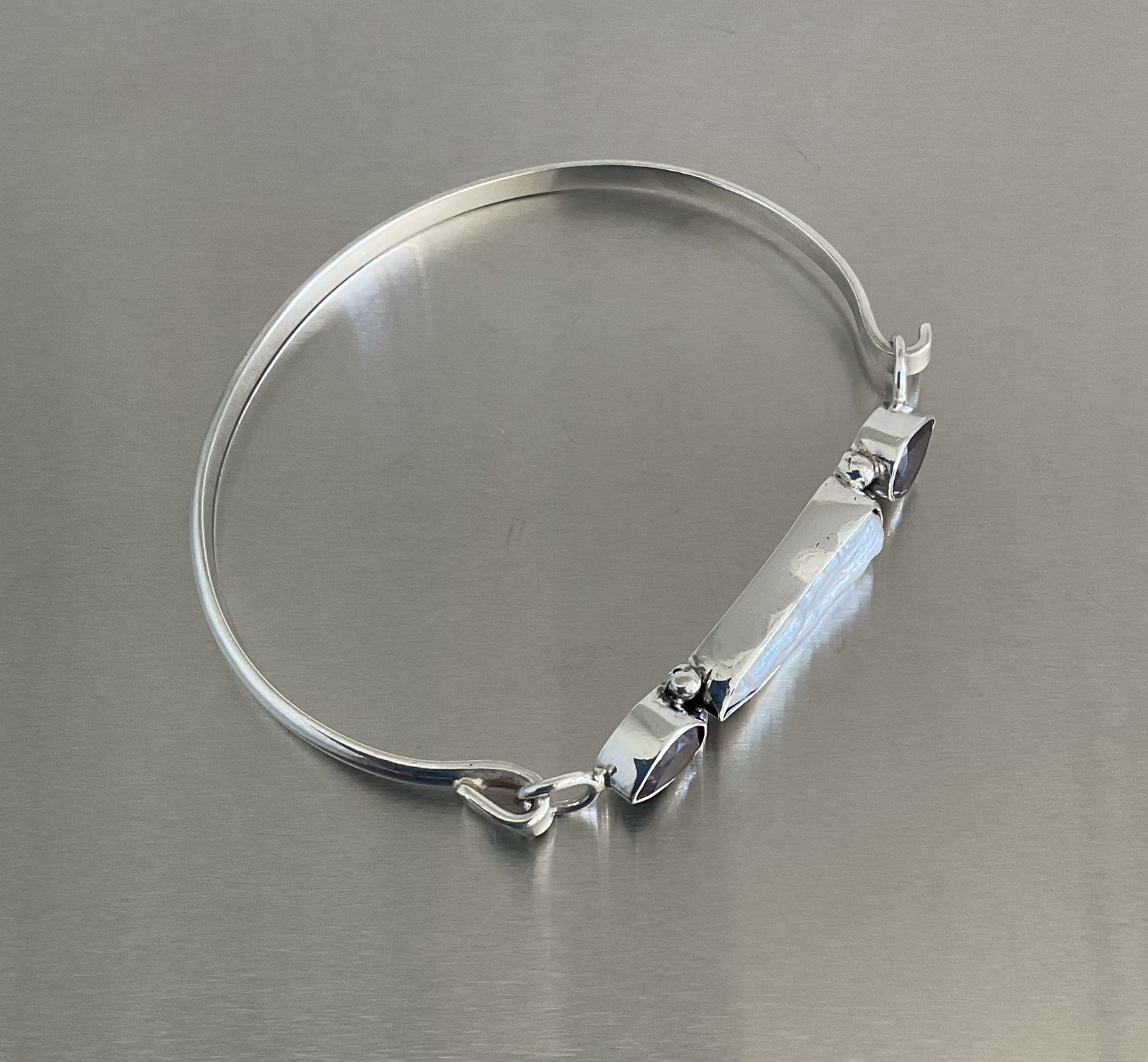 Vintage Baroque Keshi Pearl and Amethyst Tension Hook Bangle Bracelet 7″