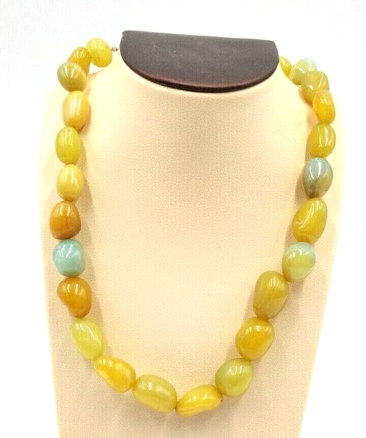 Vintage Artisan Made 20″ Hand Made Olive Opal Stones Necklace w/ Hook Clasp