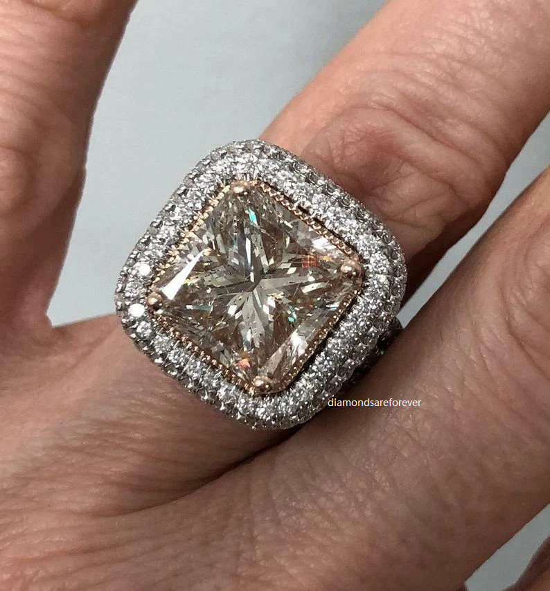 14K White Gold Finish Halo Ring 5Ct Princess Cut Champagne Moissanite Diamond