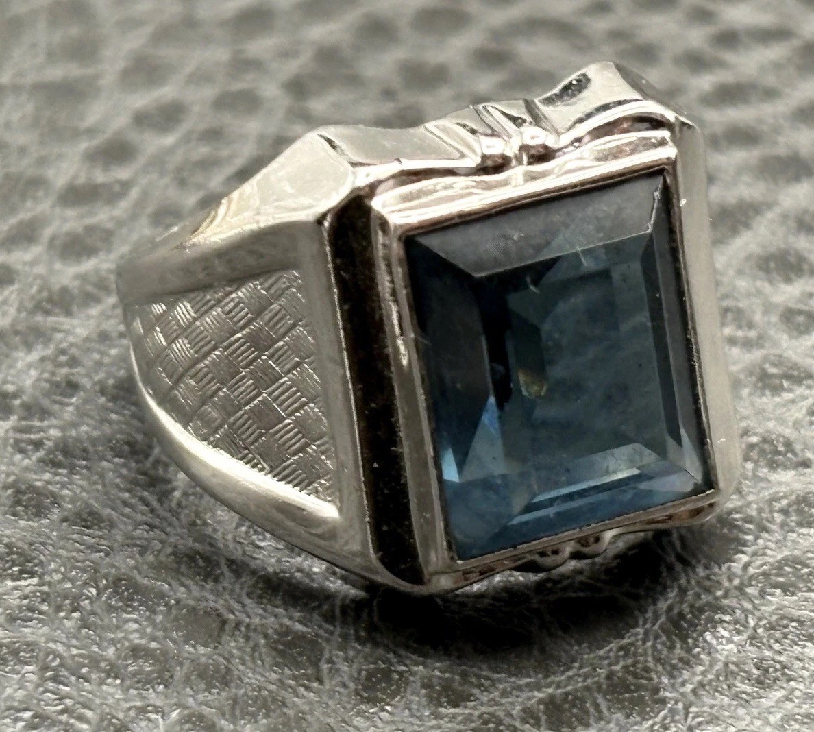 Huge Vargas VTG 18K HGE White Gold Plated Faux Blue Topaz Signet Ring Sz 8