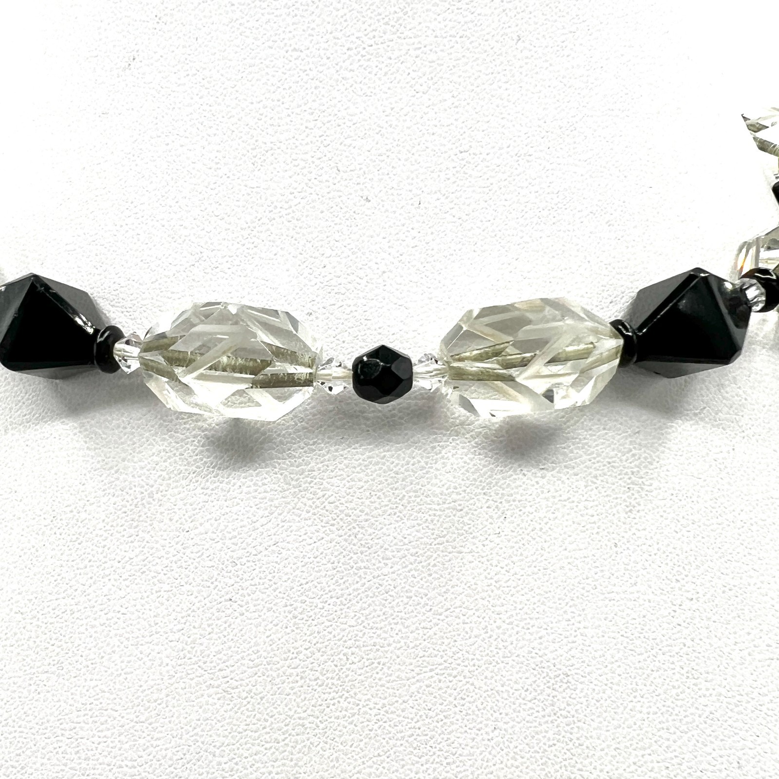 1920s Black & Clear Beveled Glass Bead Necklace Vintage Beads Later Assembled