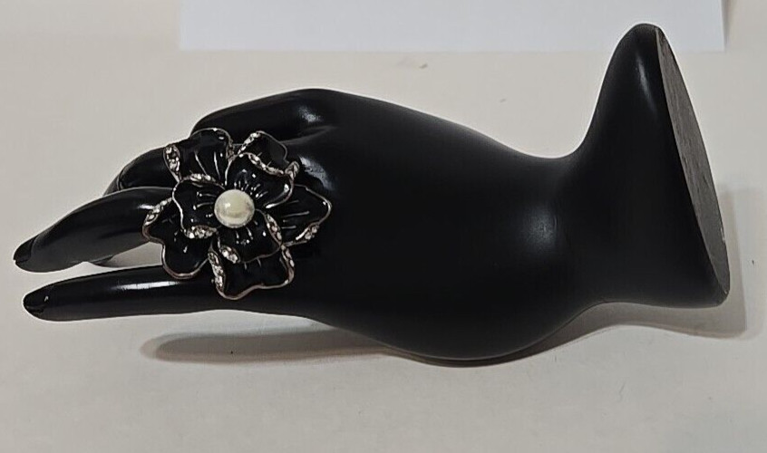 RA Robert Allison Black Enamel Faux Pearl Rhinestone Copper Pewter Ring