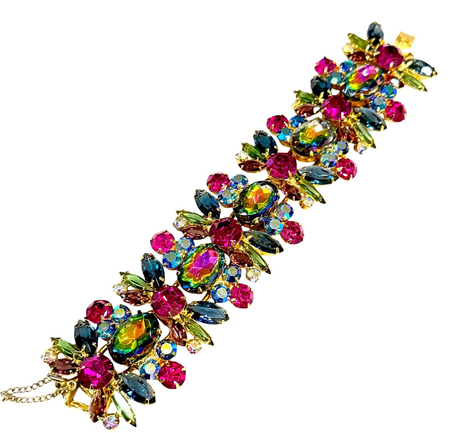1964 JULIANA D&E HELIOTROPE WATERMELON RHINESTONE STATEMENT WIDE BRACELET BOOK