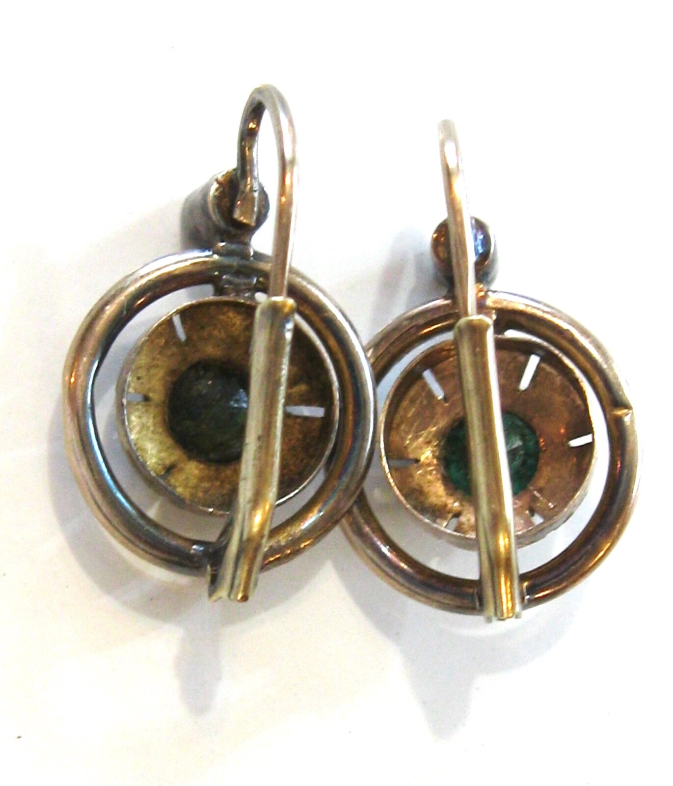 ANTIQUE CIRCULAR EMERALD AND ROSE CUT DIAMOND LEVER BACK GOLD EARRINGS 14K GOLD