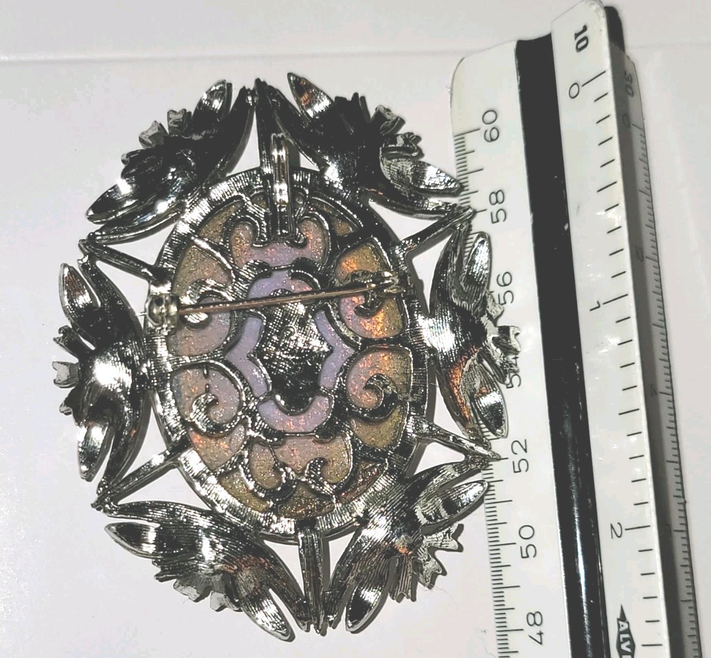 Vtg MCM Glass Foil Art Brooch Pendant Rhinestones Silver Tone Lg Whimsical Fairy