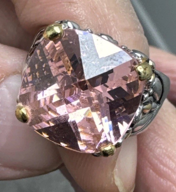 Vintage 18K GE Two Tone Large Faceted Cushion-Cut Pink Cubic Zirconia Ring 10.25