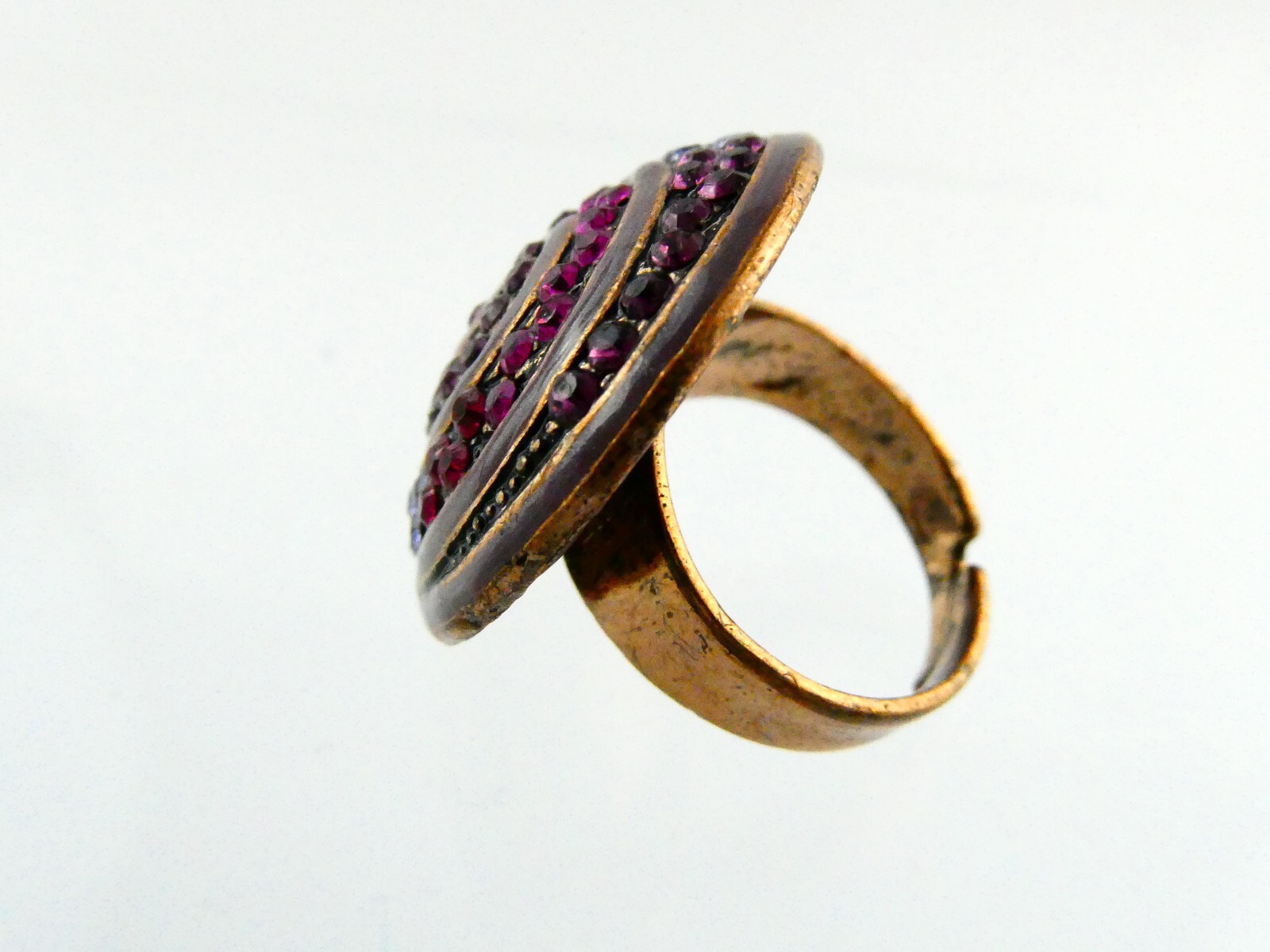 Copper Tone Metal Rhinestone Studded Spiral Adjustable Ring Size 7.5 11.2 Grams