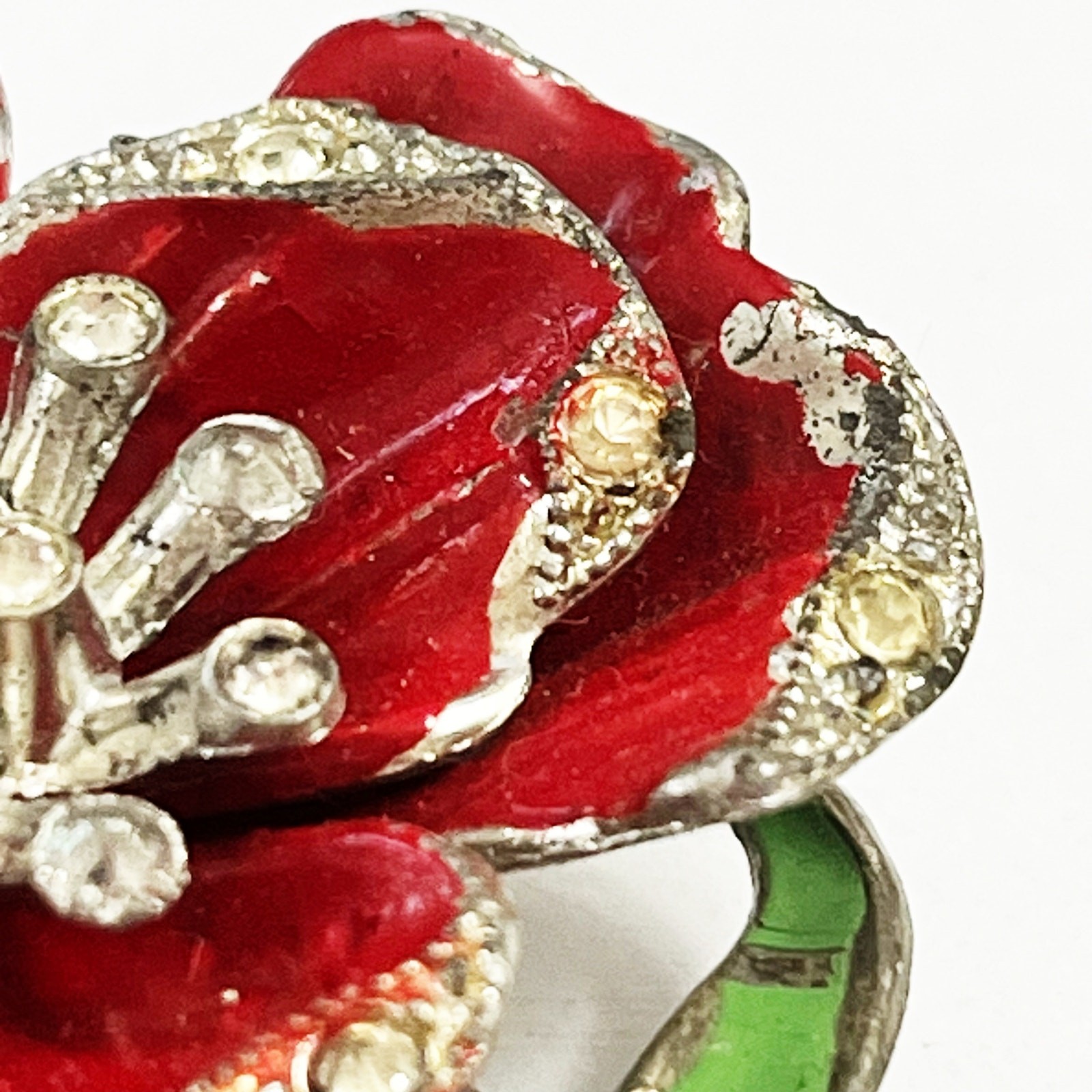 New England Glass Works Trembler Brooch Red Pansy Flower Enamel Pot Metal