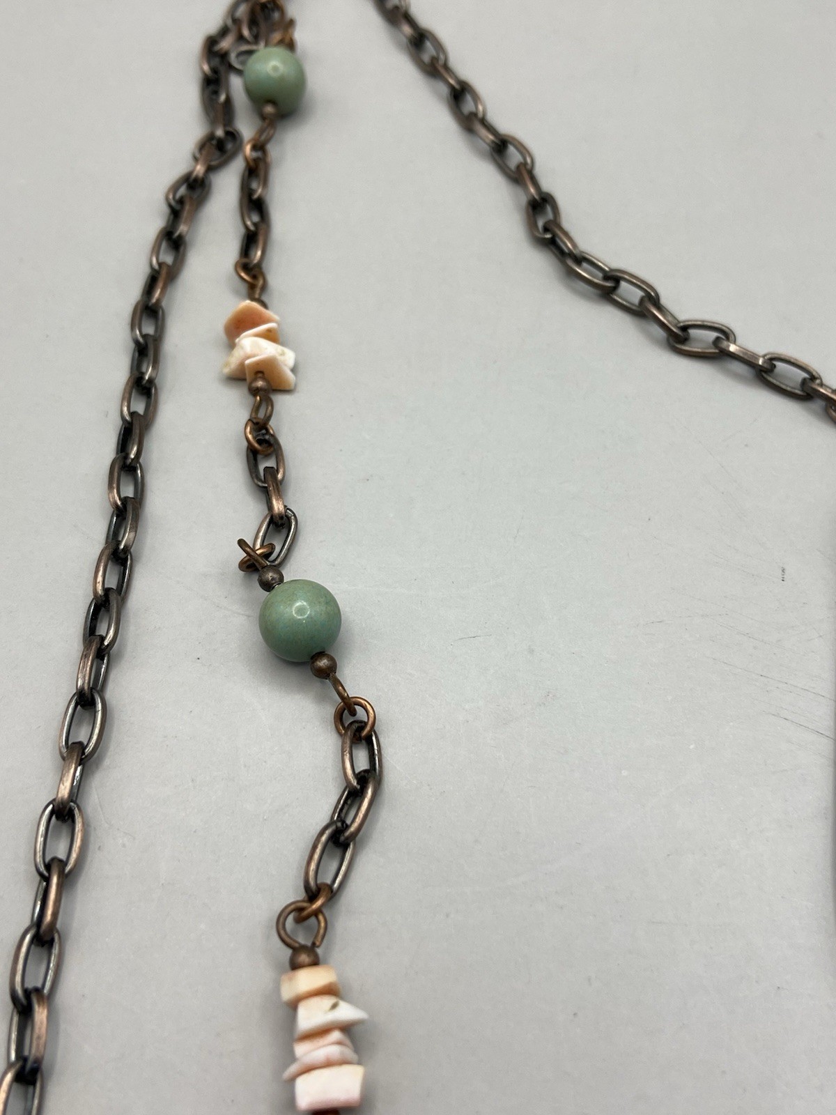 Vintage Three Chain Beaded Shell Necklace Acrylic Copper Tone Estate