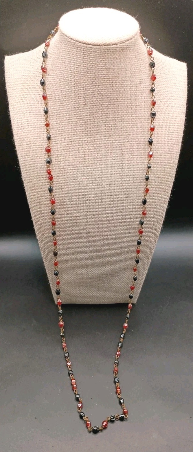 Vintage Czech Glass Beaded Necklace AB Red Black Petite Beads Dainty 36″