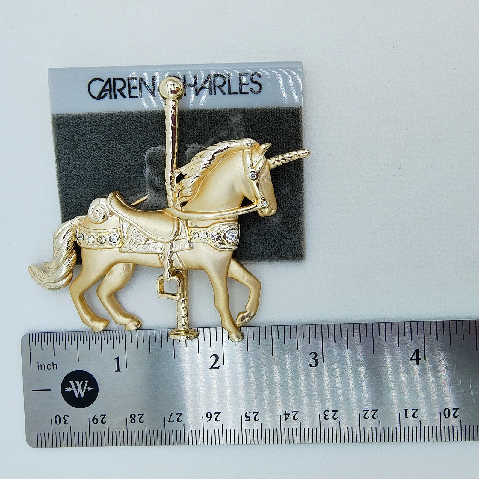 Vintage Caren Charles Unicorn Carousel Horse Brooch Gold Tone Rhinestone Fantasy