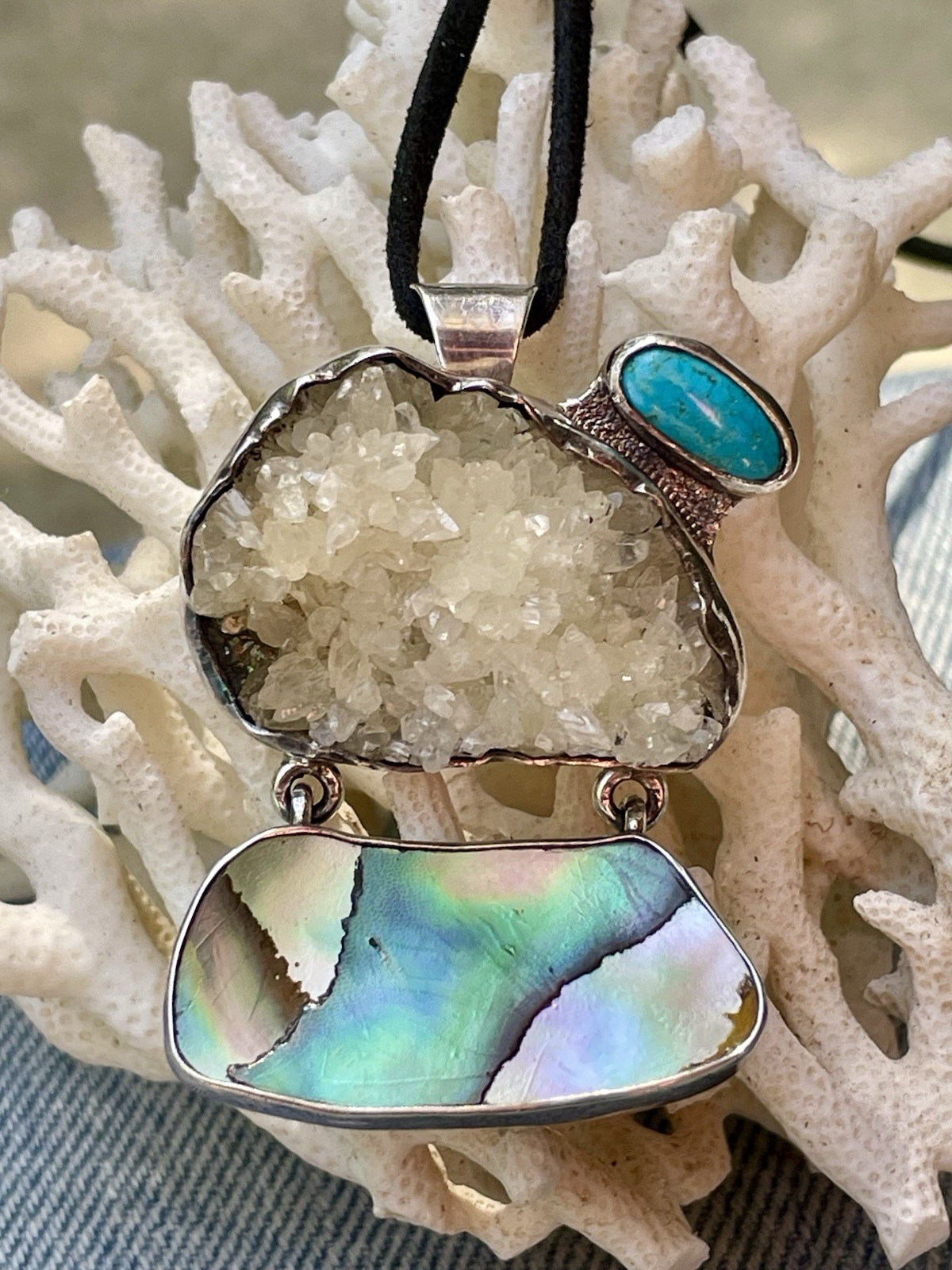 🎥Rock Crystal Rainbow Abalone Turquoise 2″ Pendant Brooch Mex Sterling Silver