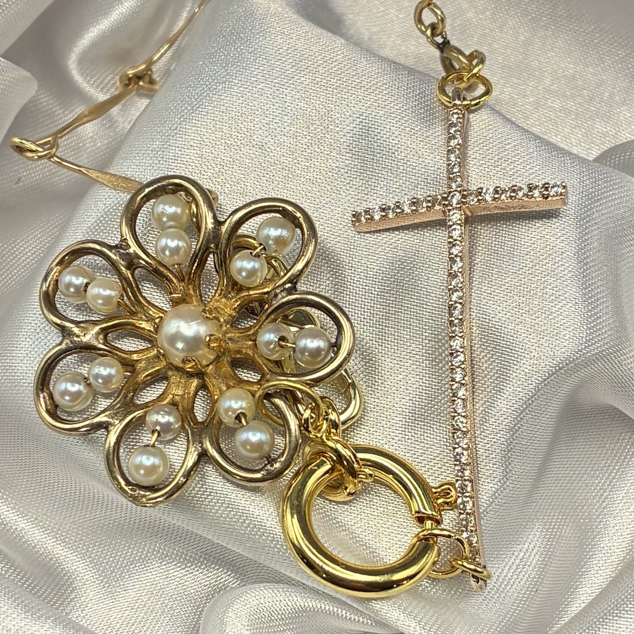 Vintage 12k Gold Filled Pocket Watch Chain FOB, Dog Clip, Cross & Pearl Charms