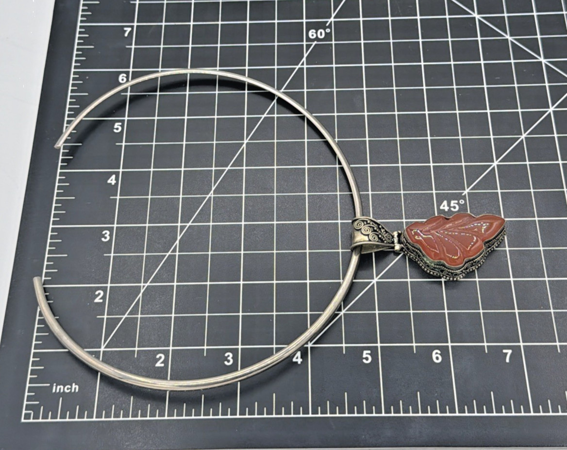 Vintage Sterling Silver Necklace Carved Carnelian Leaf Pendant Ornate Bail