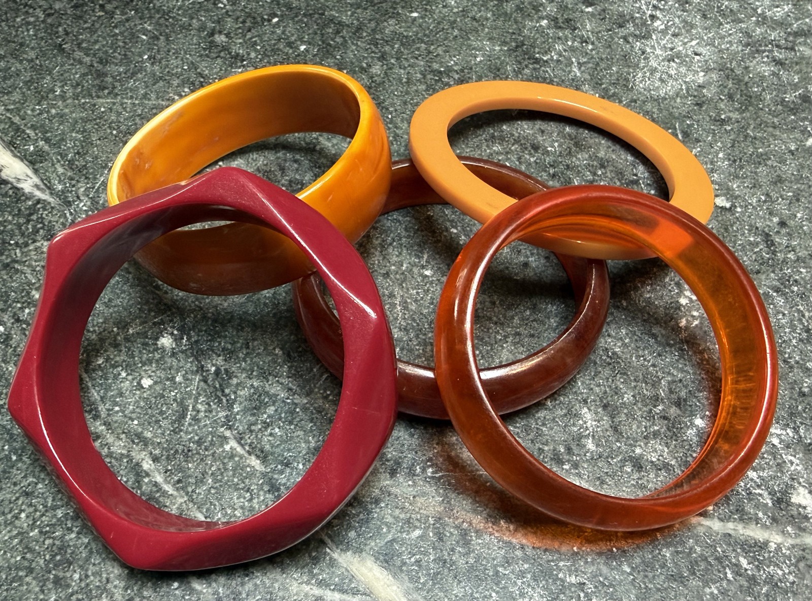 Lot of 5 Vintage 1970’s Lucite Bracelets – Orange, Red, Brown