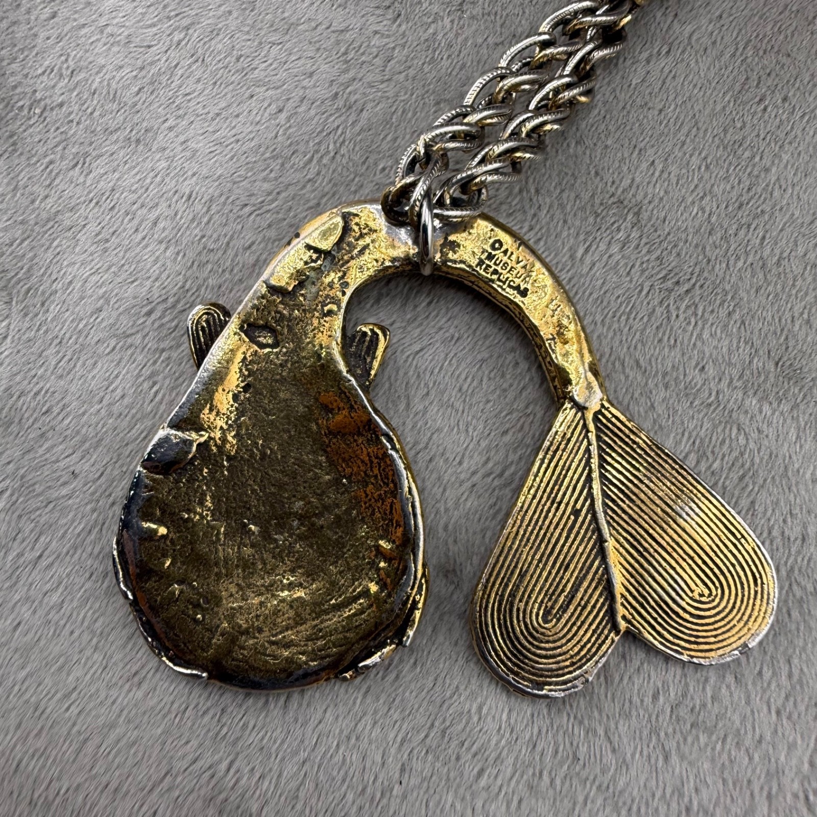 Vintage Alva Museum Replicas Fish Necklace Gold Tone 24”