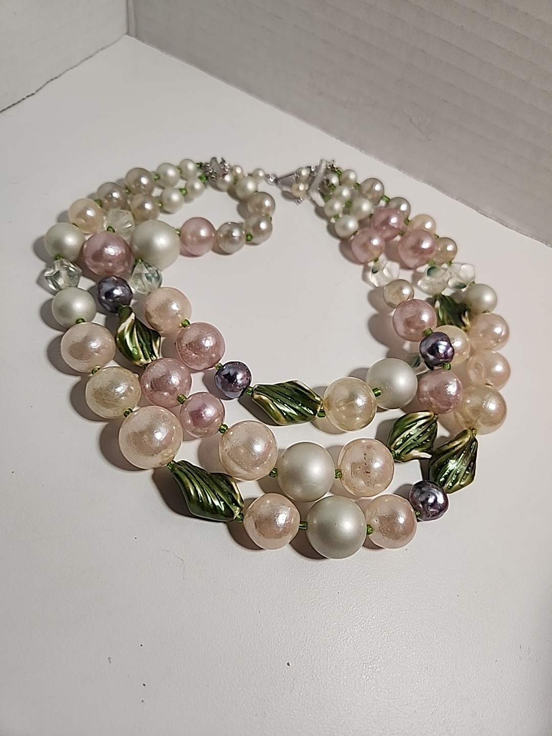 Vintage Pastel Multi Color Green Leaf Accent 3 Strand Large Beads Necklace