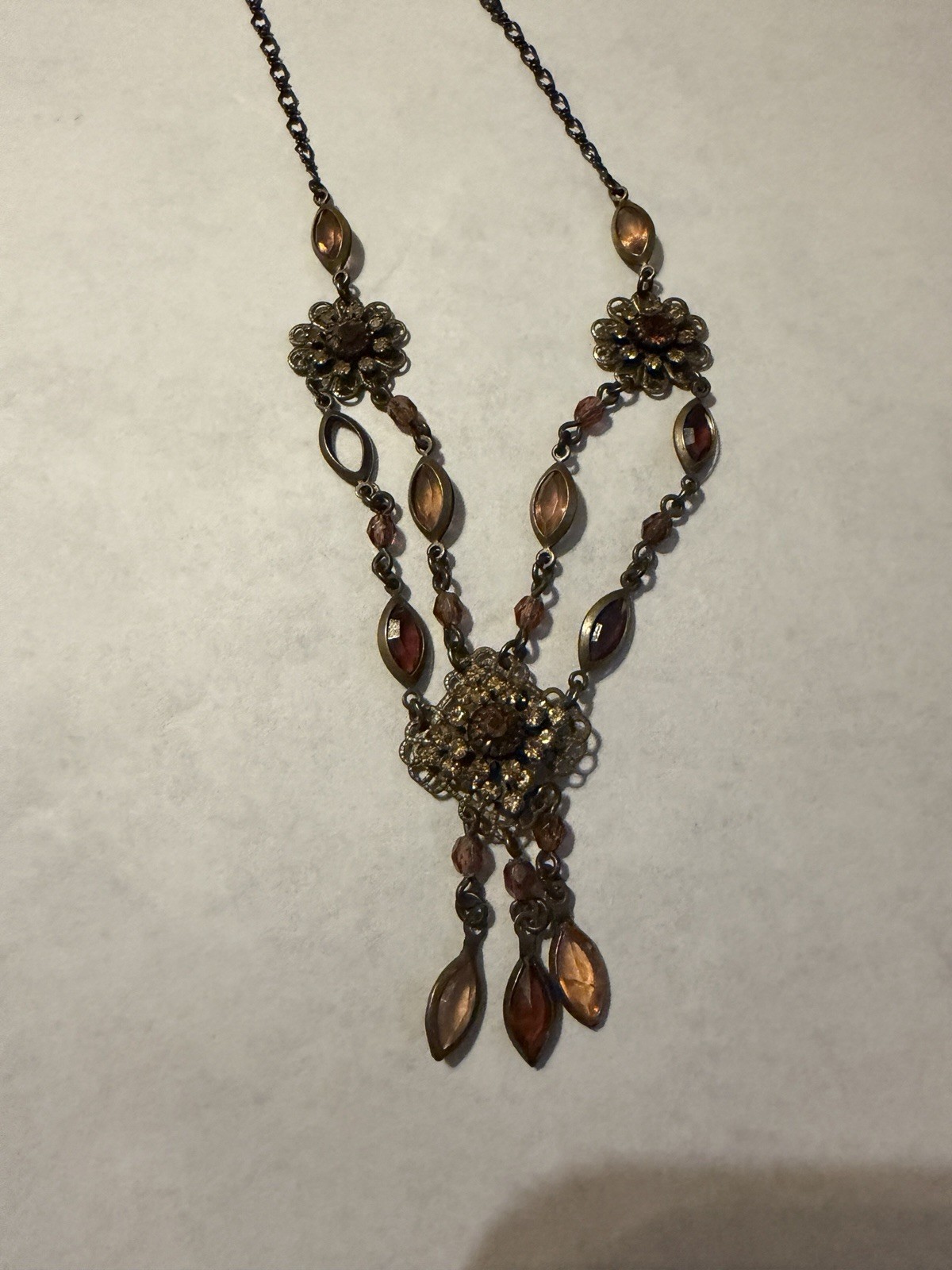 Vintage Avon Rhinestone Filigree Necklace Bronze Tone Victorian Art Deco Boho