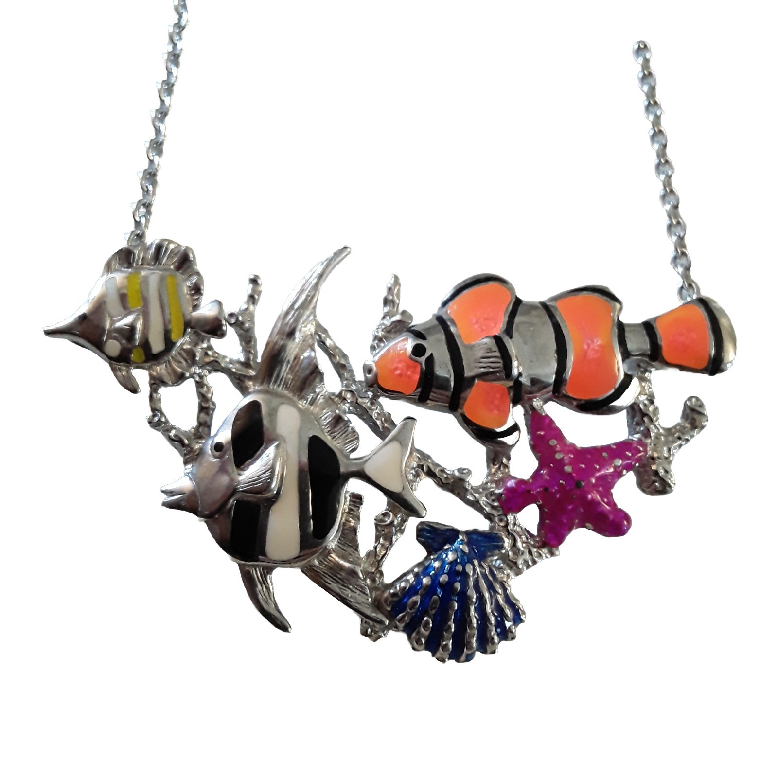 Kabana Sterling Silver 925 Enamel Tropical Fish Sea Life Necklace Multicolor 19″