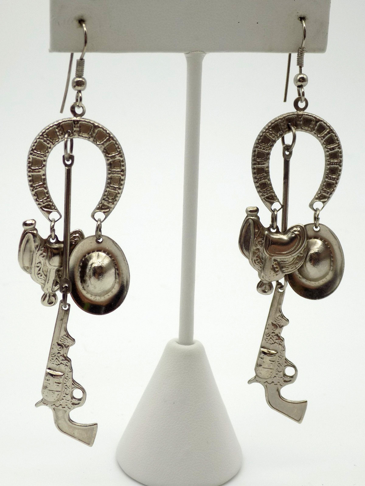 Vintage Silver Tone South Western Cowboy Dangle Charm Earrings Pierced
