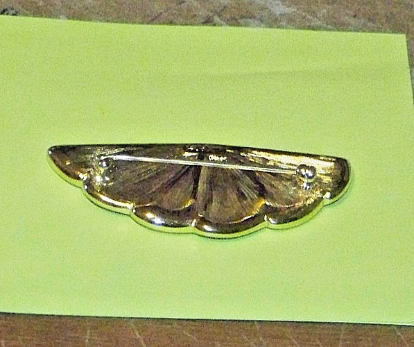 Classic MONET Yellow Plated Fan Pin Gold With Black Enamel and Rhinestones