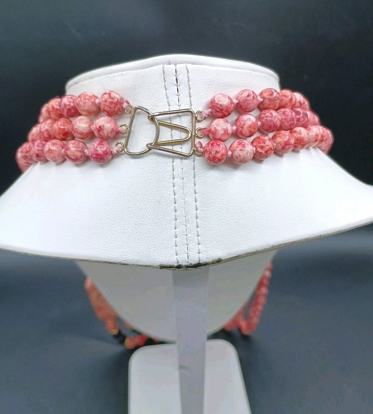 Vintage Pink Stone Necklace Beaded Multi Strand Side Pendant Hook Clasp