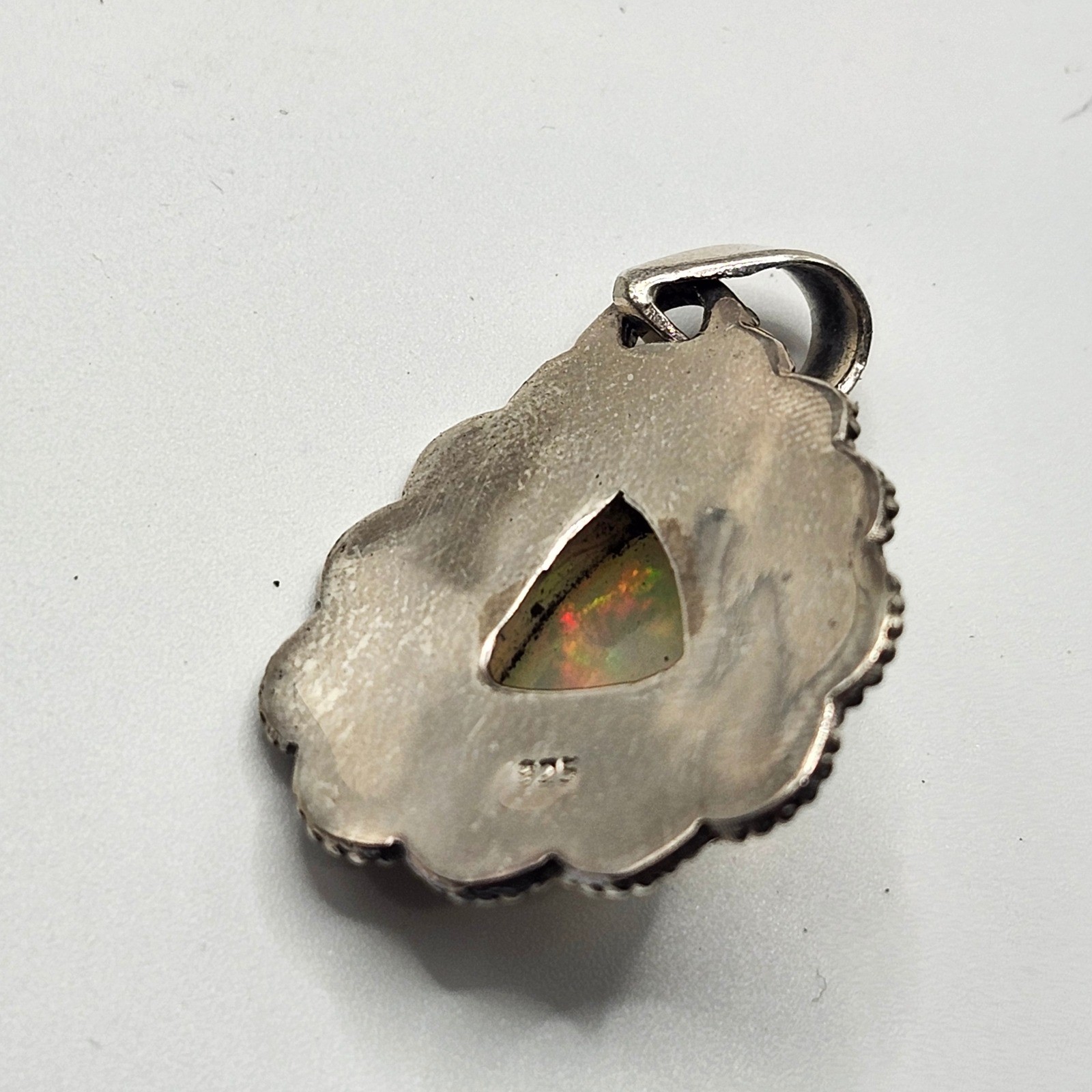 Vintage 925 Sterling Silver Ethiopian Opal Trillion Filigree Pendant