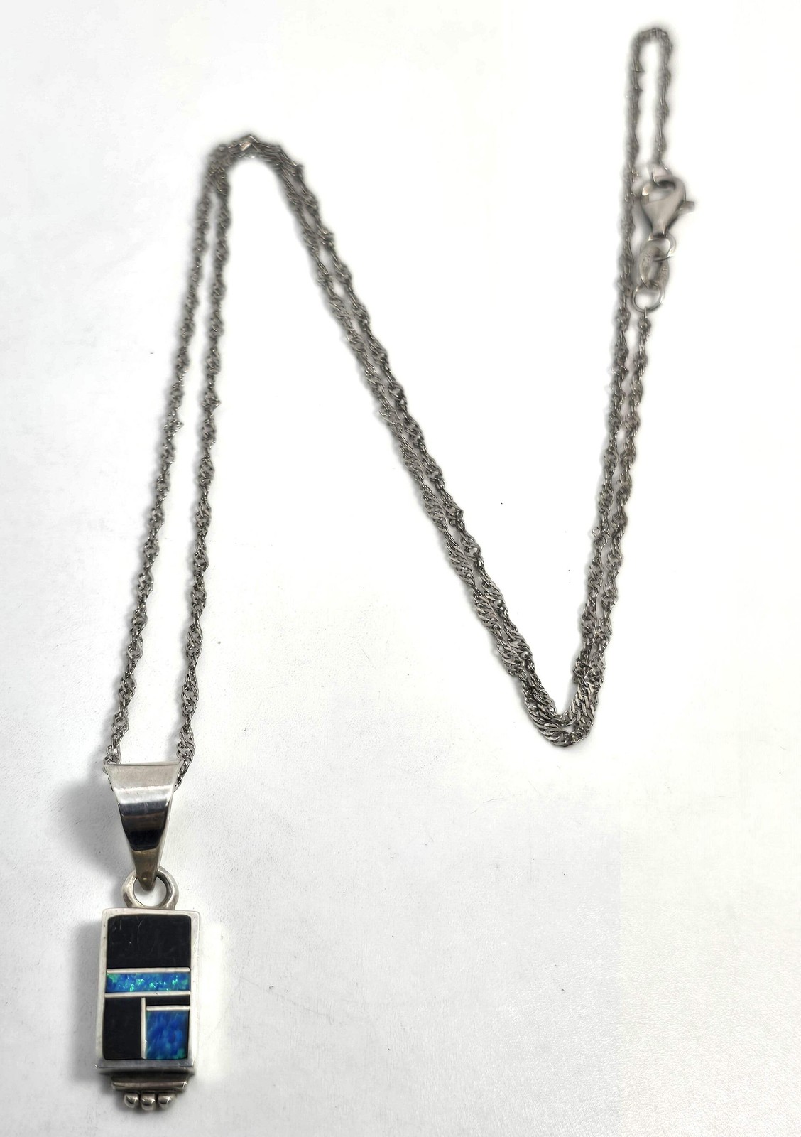 Native Sterling Silver blue fire opal Onyx Inlay Pendant necklace signed H