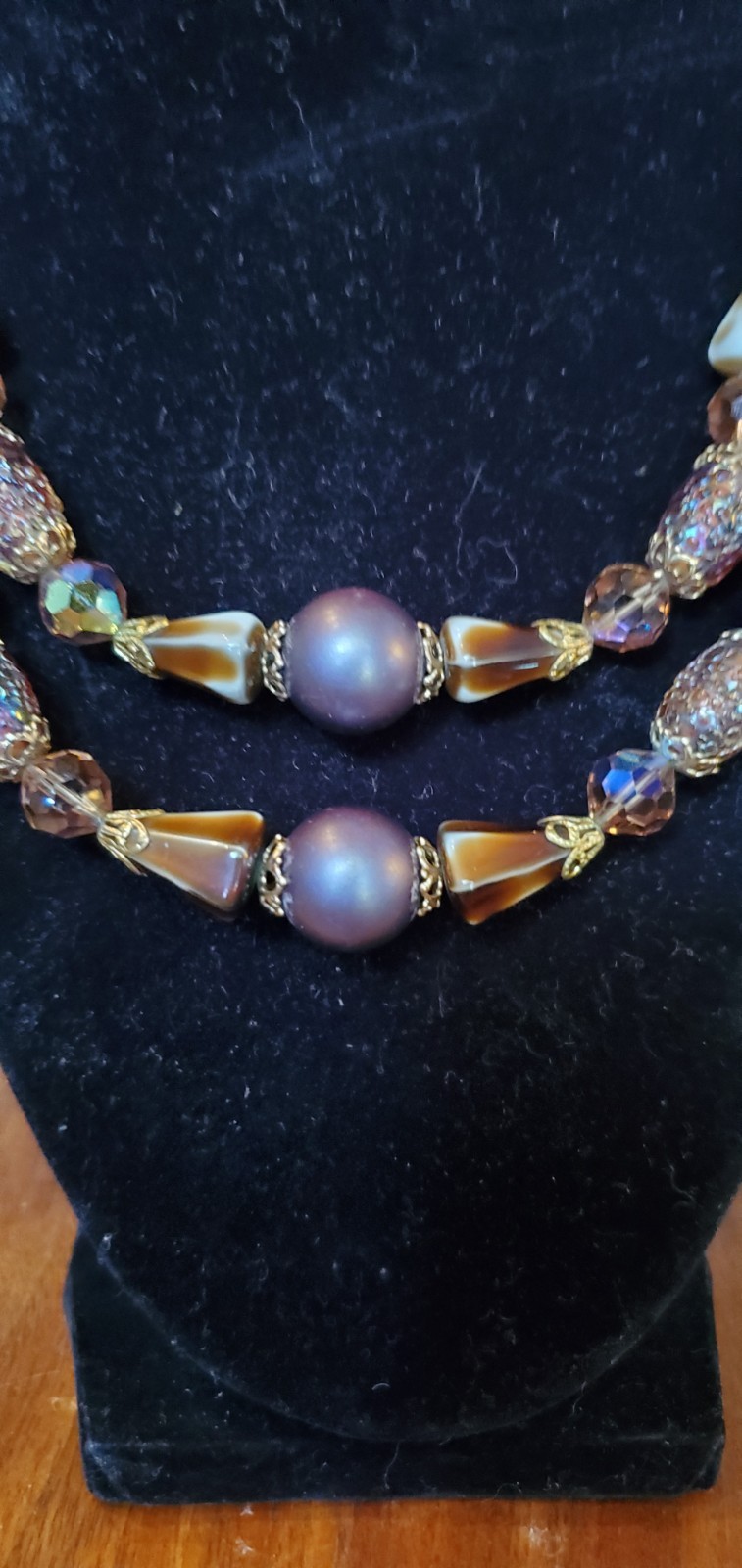 Vtg ART Arthur Pepper Double Strand Venetian Purple Crystal Gold Tone Necklace