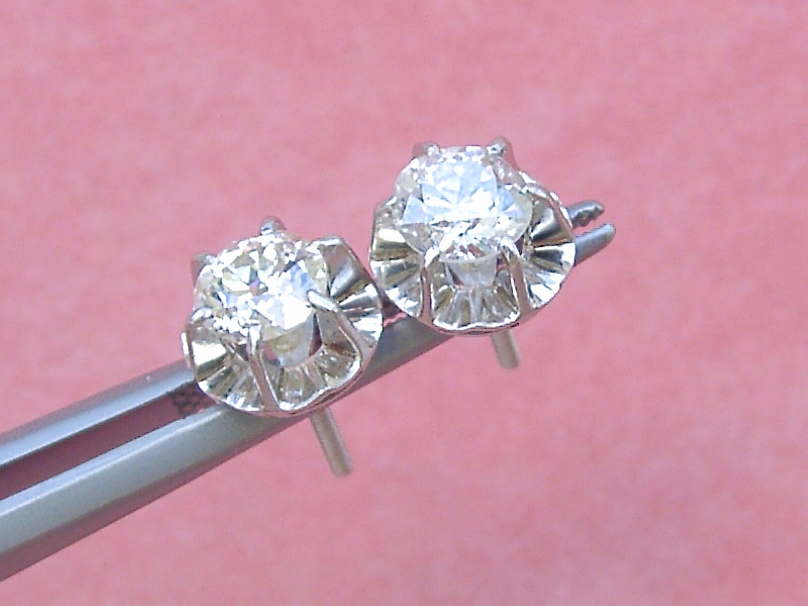 ANTIQUE 1.20ctw MINE DIAMOND 8 mm BALLERINA SETTING PLATINUM STUD EARRINGS 1930