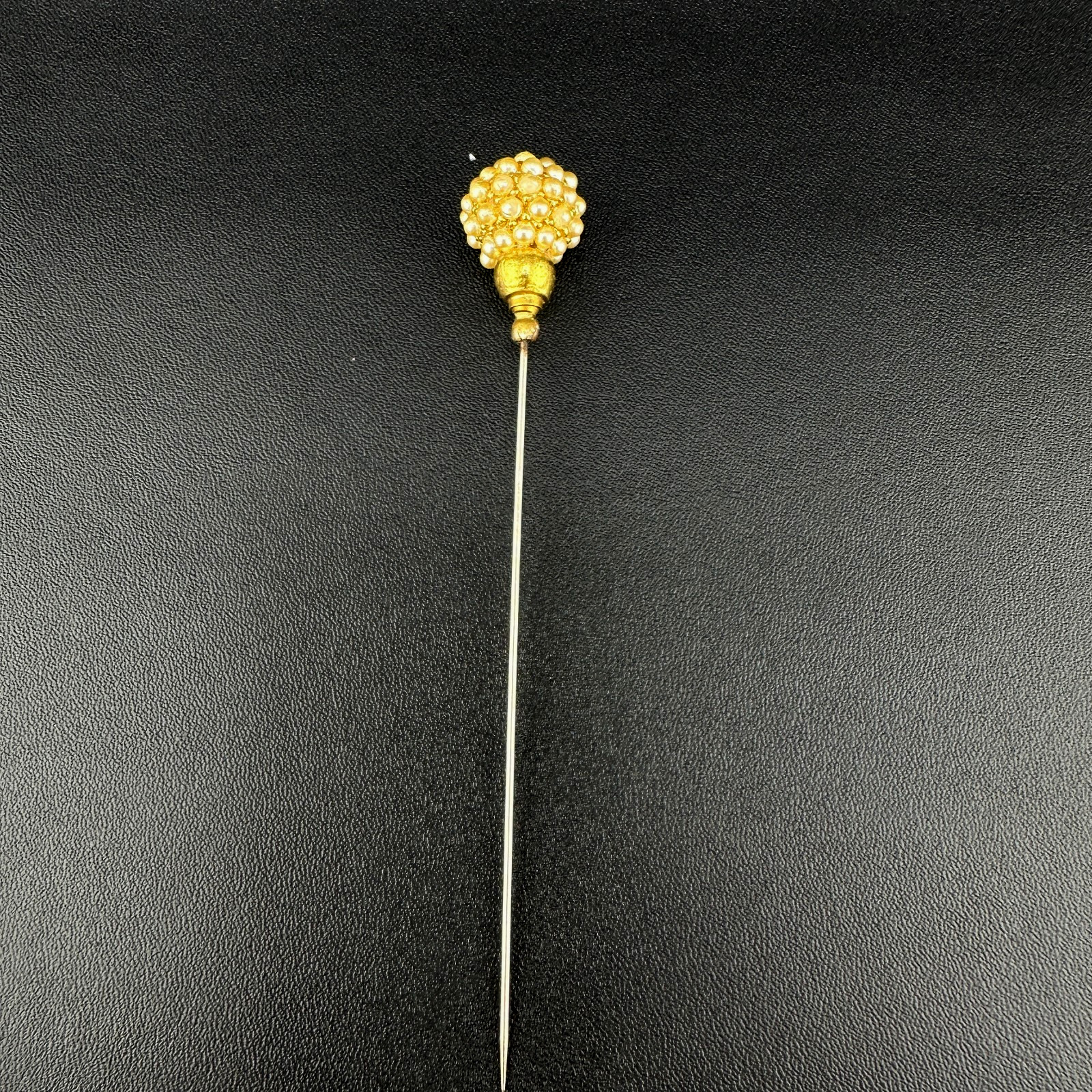 Vintage Hat Stick Pin Gold Tone Faux Seed Pearl Cluster Studded Head 4.25″