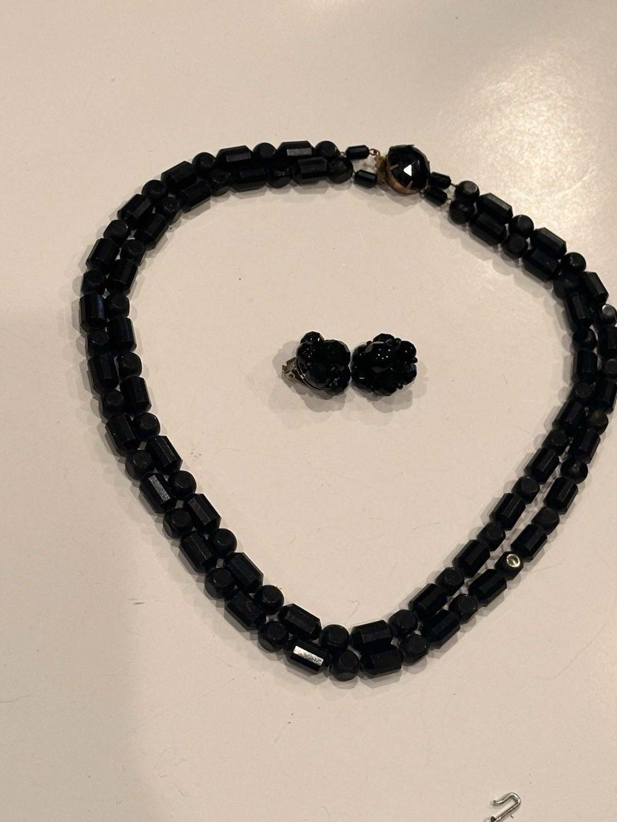 WEST GERMAN JAPAN WHITE BLACK GLASS LUCITE BEAD NECKLACE CLIP ON EARRING SET LOT