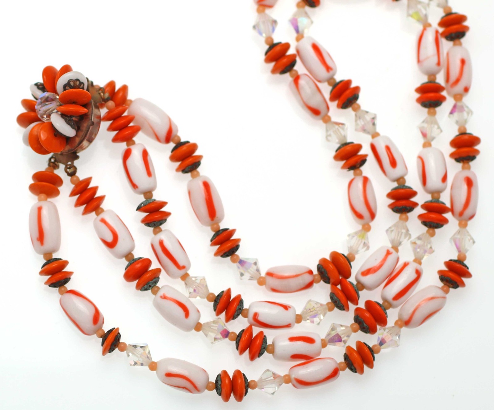 1950s Vintage Layered Necklace Orange White Stripe Glass Beads Crystal Halloween