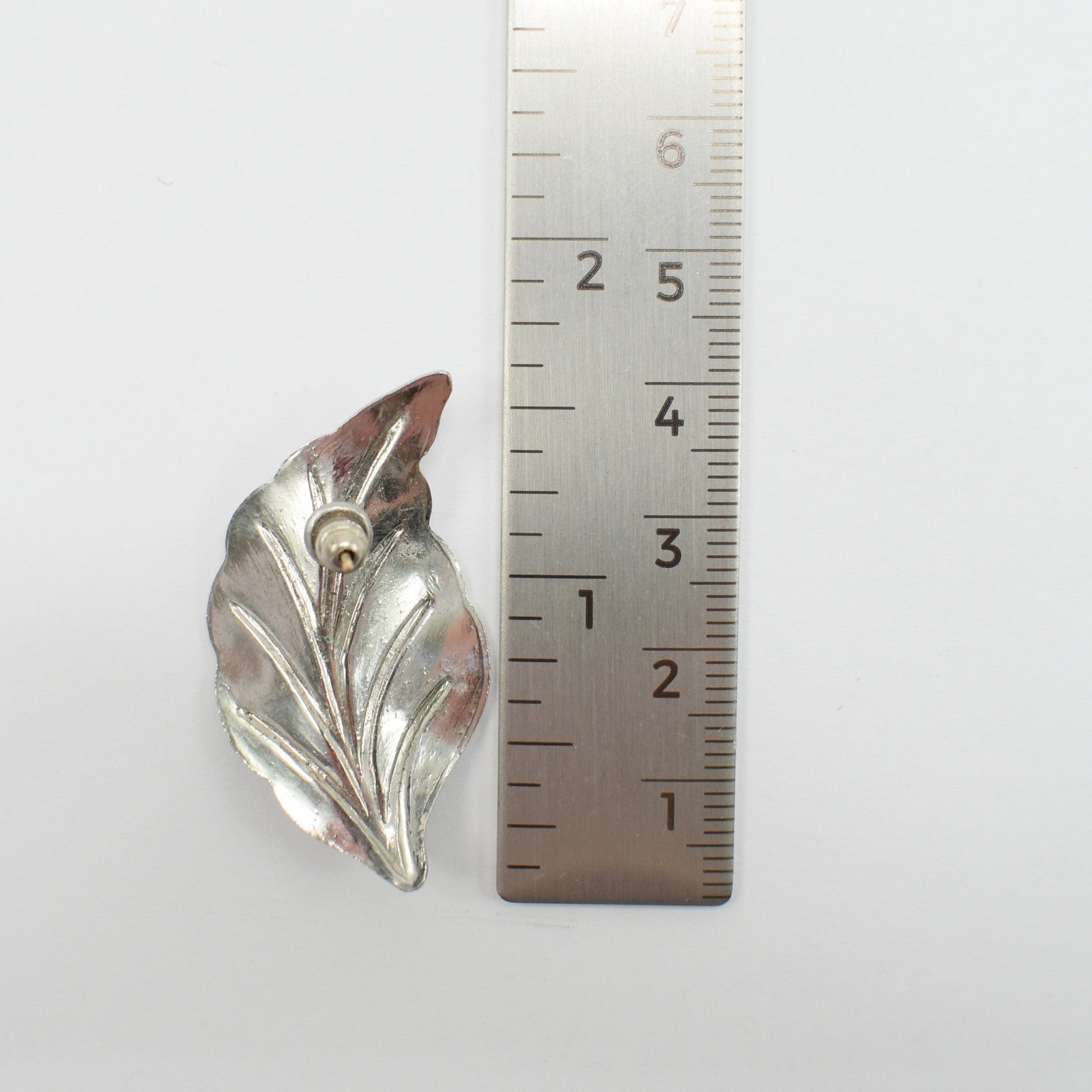 Vintage Silver Leaf Stud Statement Earrings Textured Botanical Nature Boho Chic