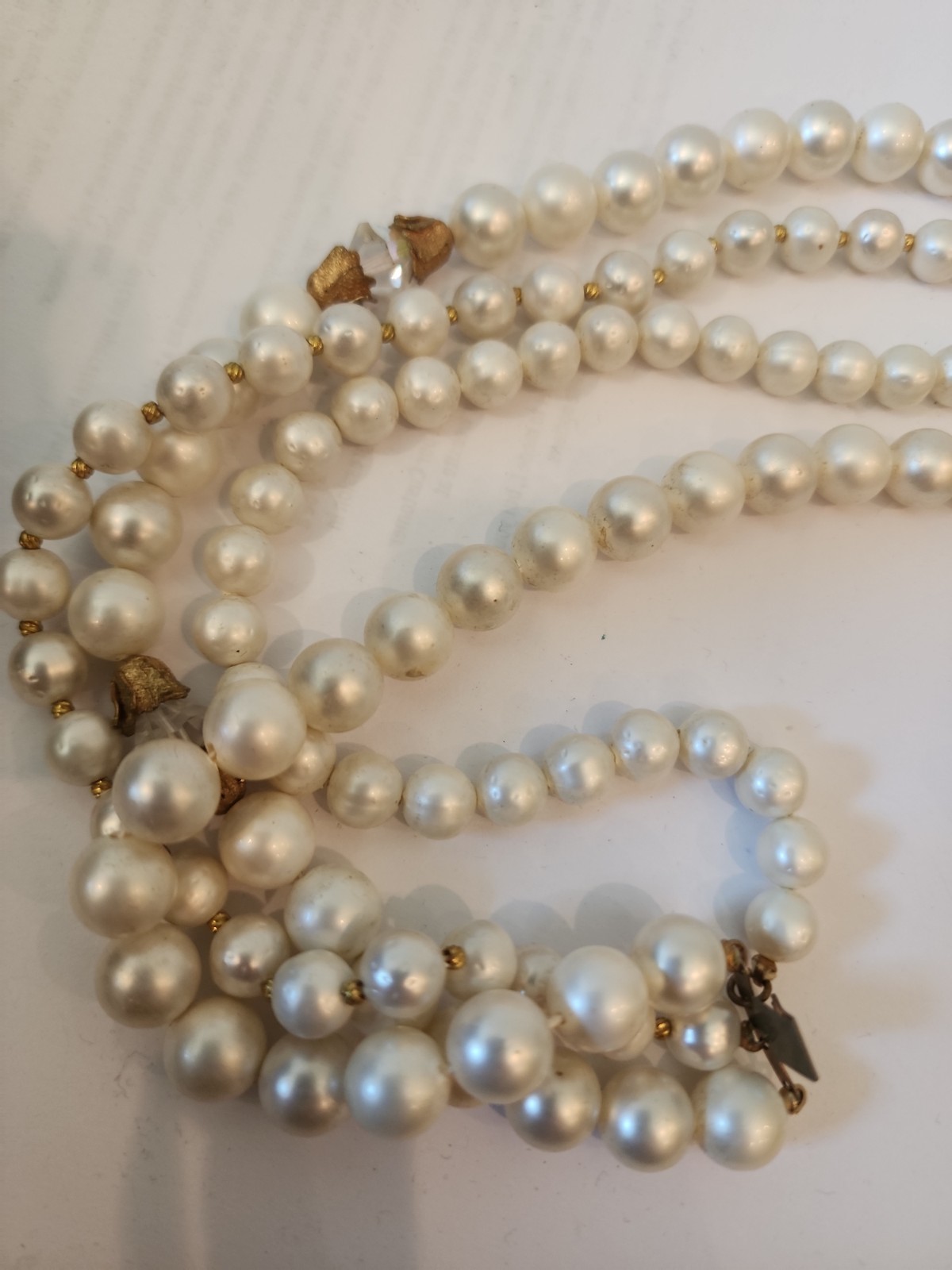 Unsigned Miriam Haskell Vintage 4 Strand Faux Pearl Necklace Gold Mesh Bow Flaws