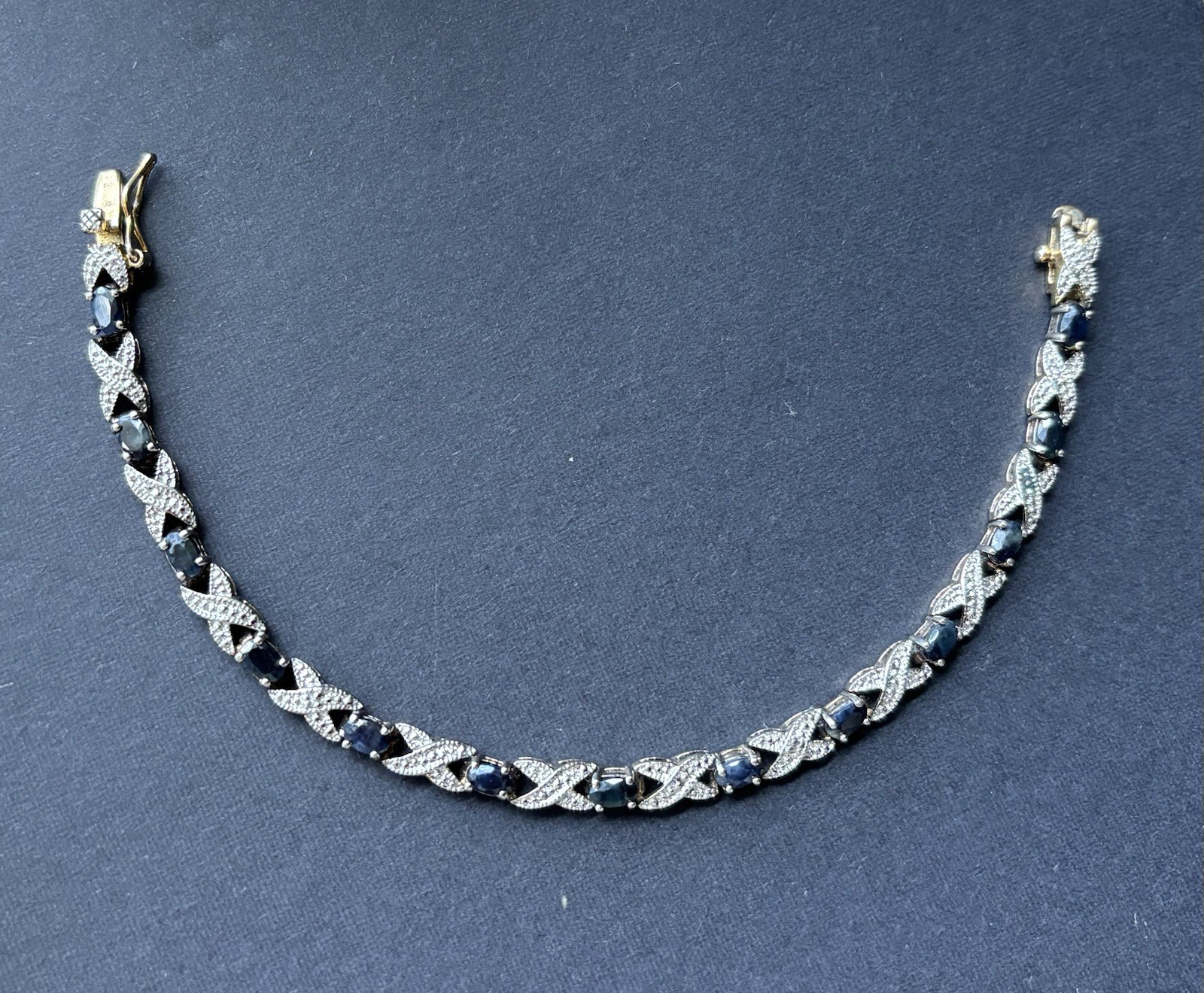 DBJ Bracelet Sterling Silver 925 Gold Tone Deep Blue Crystals 7.25” L 3/16”
