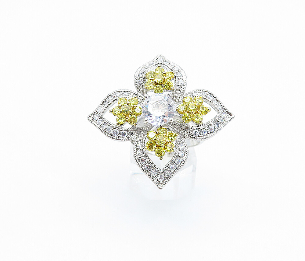 925 Silver Cubic Zirconia & Citrine Flower Statement Ring Sz 6.5 RG3627