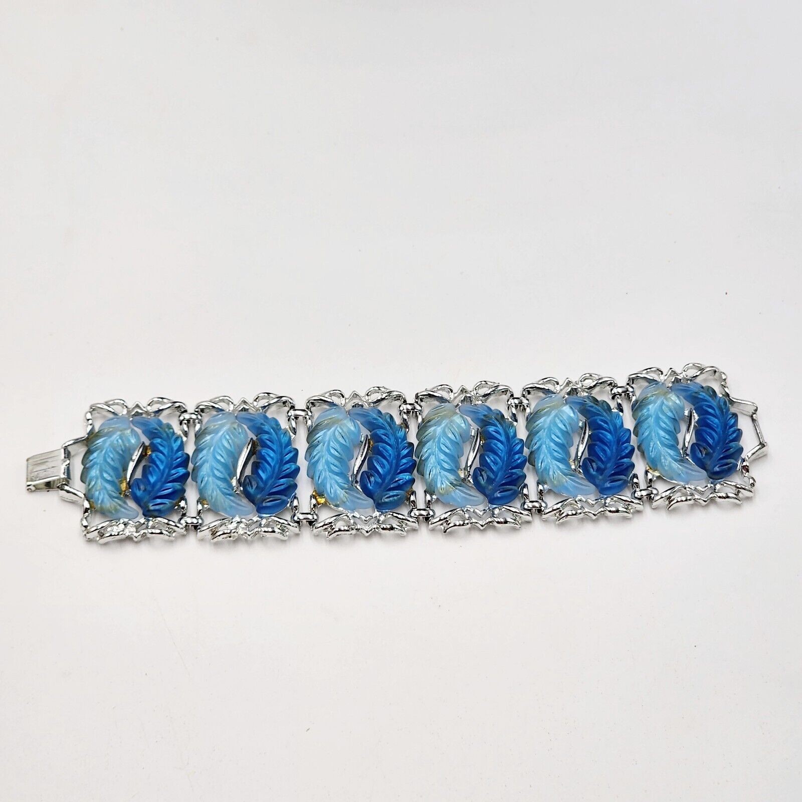 Vintage Blue Tones Thermoset Panel Wide Leaf Bracelet Cuff Mid Century 7.5″