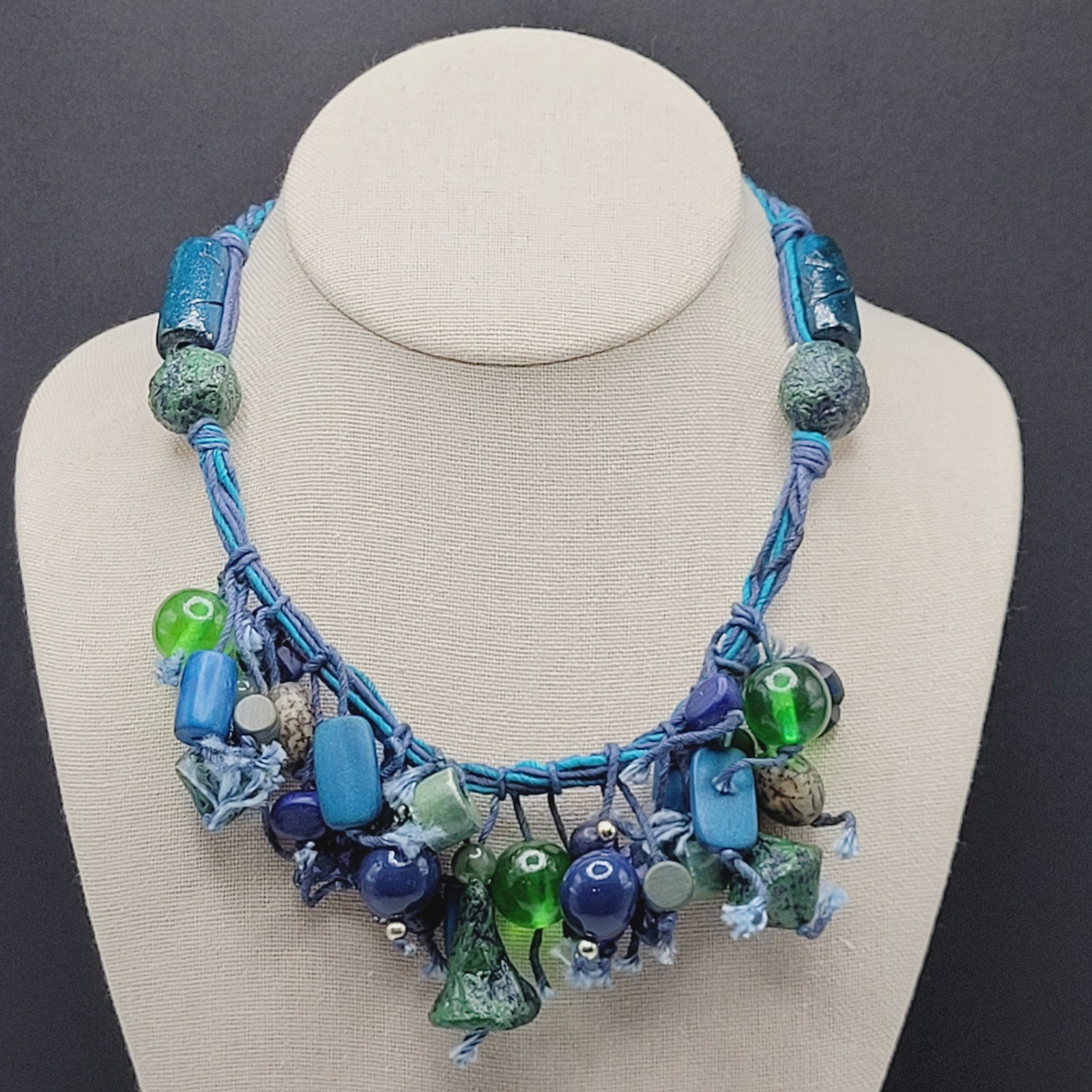 Eclectic Artsy Artisan Braided Cotton Mixed Material Beaded Vintage Necklace