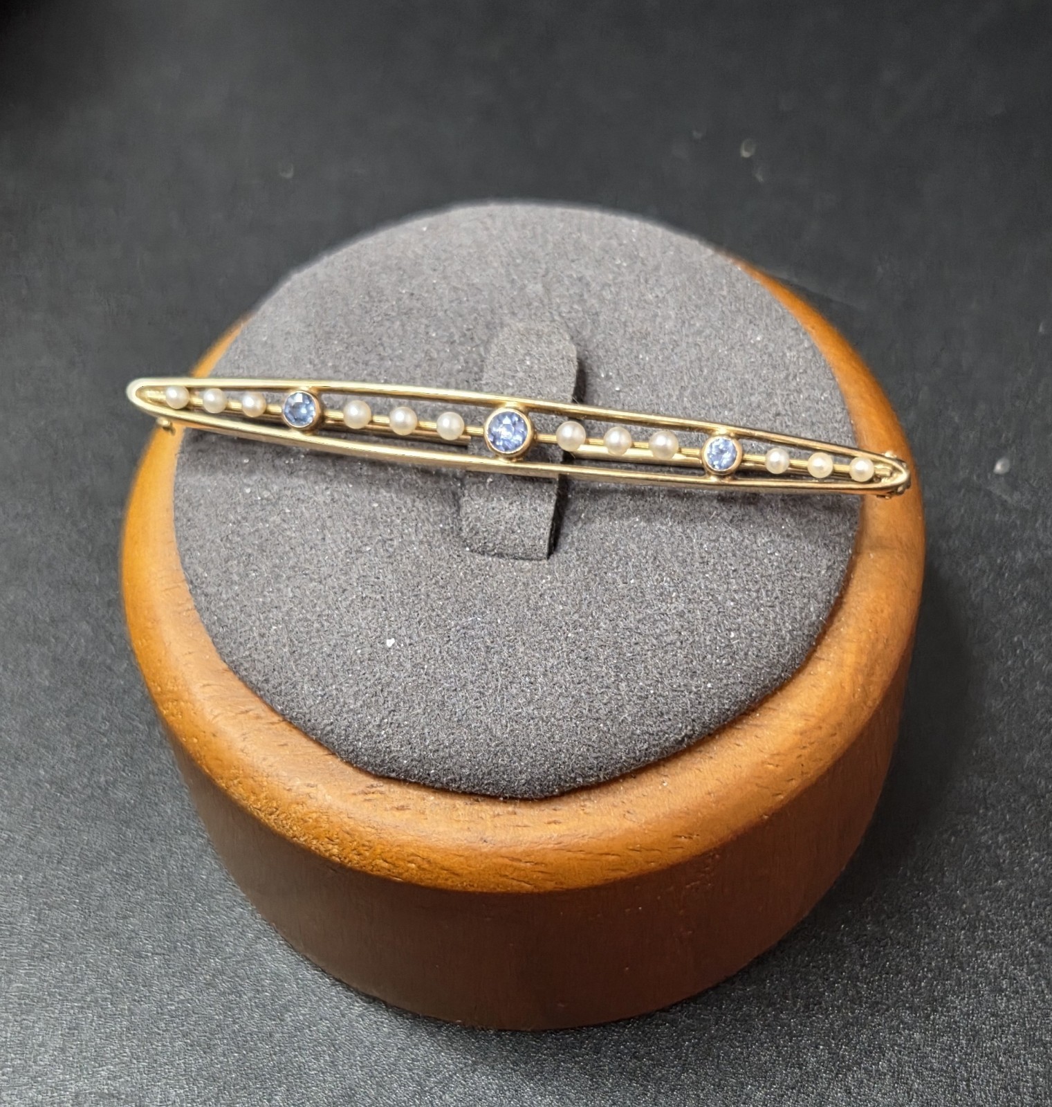 14K Yellow Gold Edwardian Topaz Pearl 2-1/4″ Bar Pin 3.3g Vintage