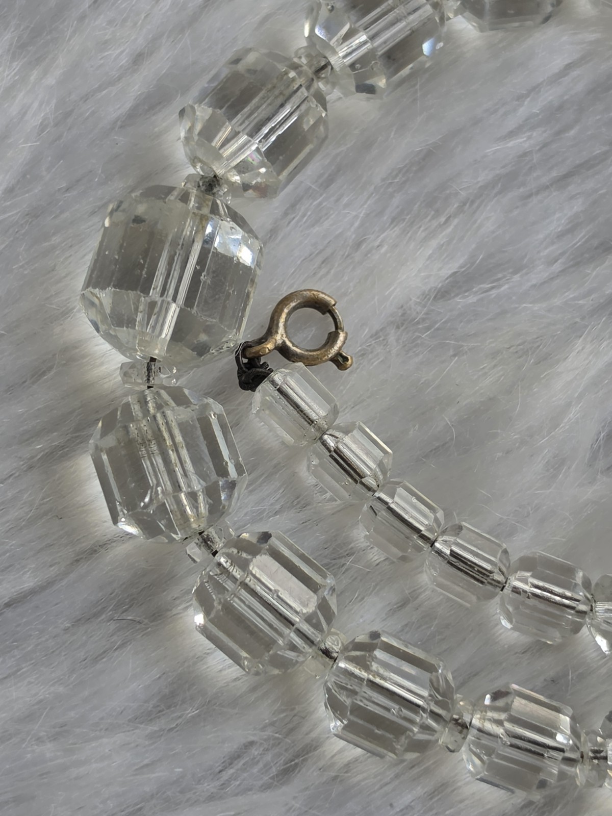 Vintage Clear Faceted Crystal Glass Cube Cut Bead Necklace Art Deco Style 15”