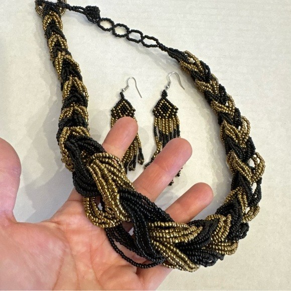 Vintage Multistrand Braided Chunky Beaded Statement Choker Necklace Earring Set