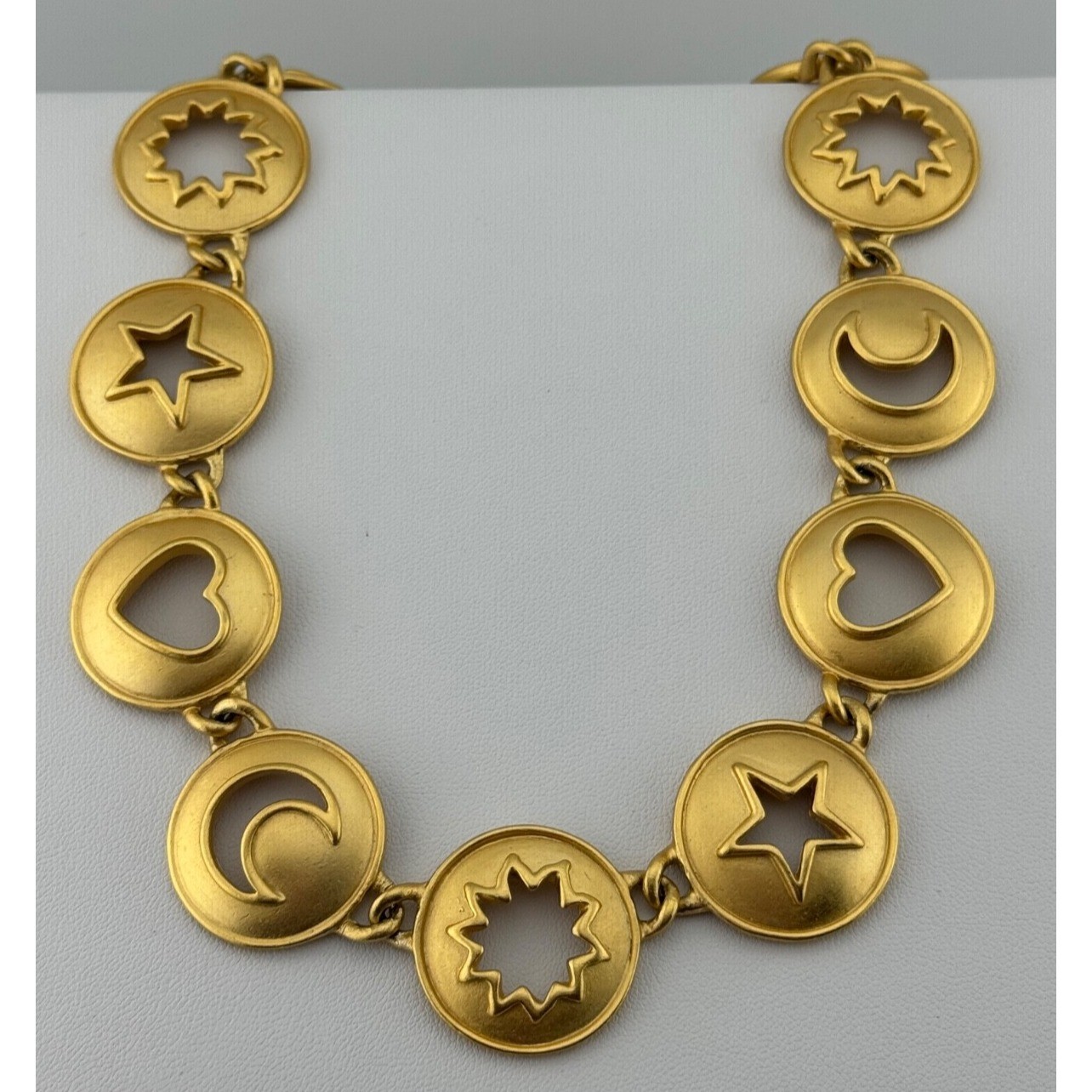 Vintage Anne Klein Necklace Matte Gold Tone Heart Star Moon Cut Out Round Link