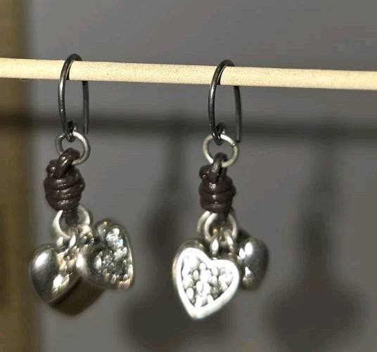 Vintage “Fossil” Two Tone Heart Dangle Pierced Earrings, about 1 inch dangle