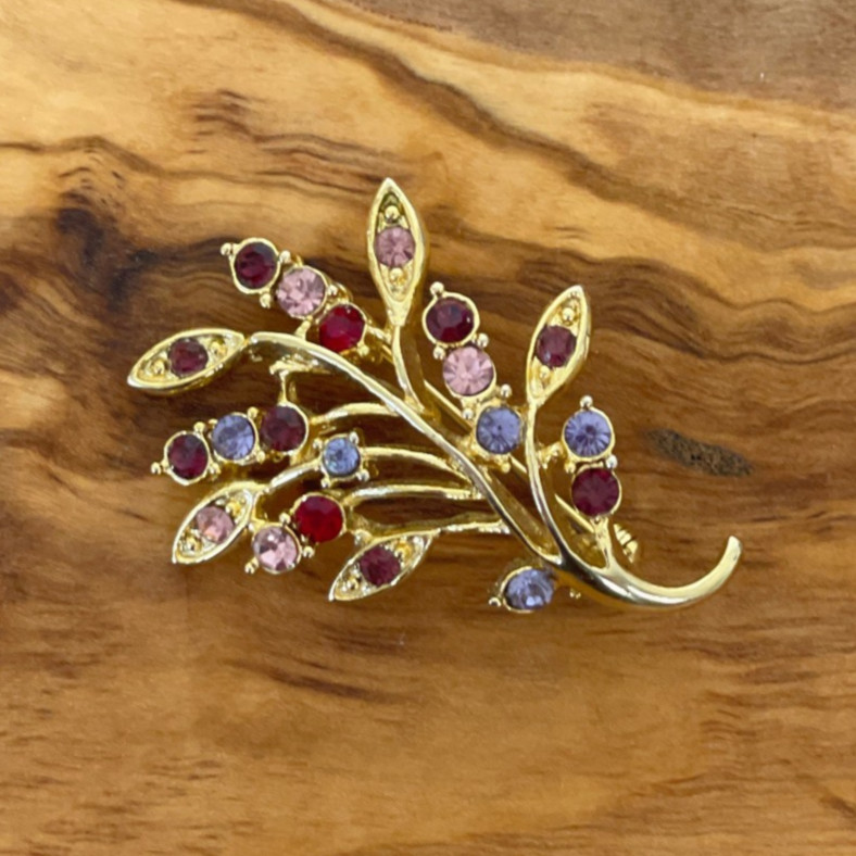 Sparkly Colorful RHINESTONE LEAVES Brooch Gold Tone Purple Pink Red Multicolor