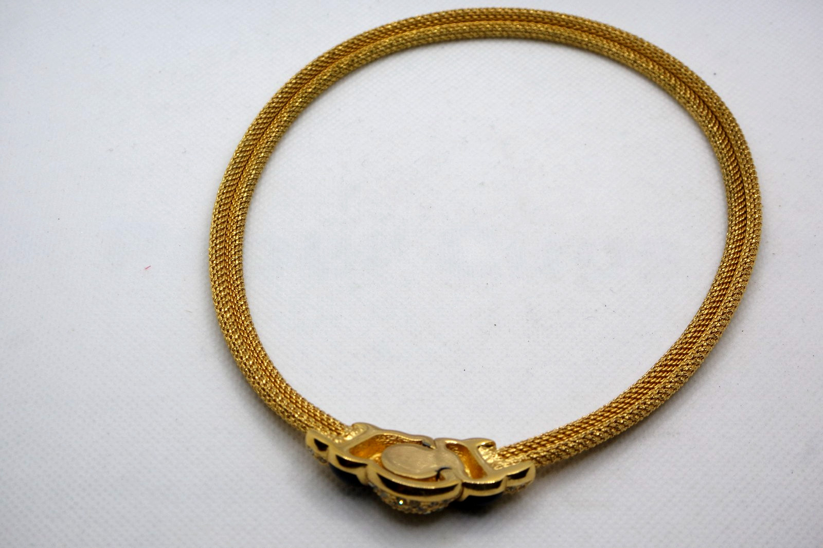 VINTAGE CHRISTIAN DIOR GOLD PLATE MESH METAL CHOKER NECKLACE RHINESTONE BLACK