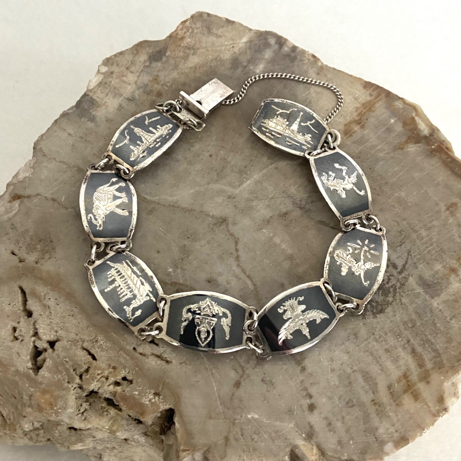 Signed SIAM Thai Sterling Silver 925 Black Niello Garuda Panel Bracelet 6.75″