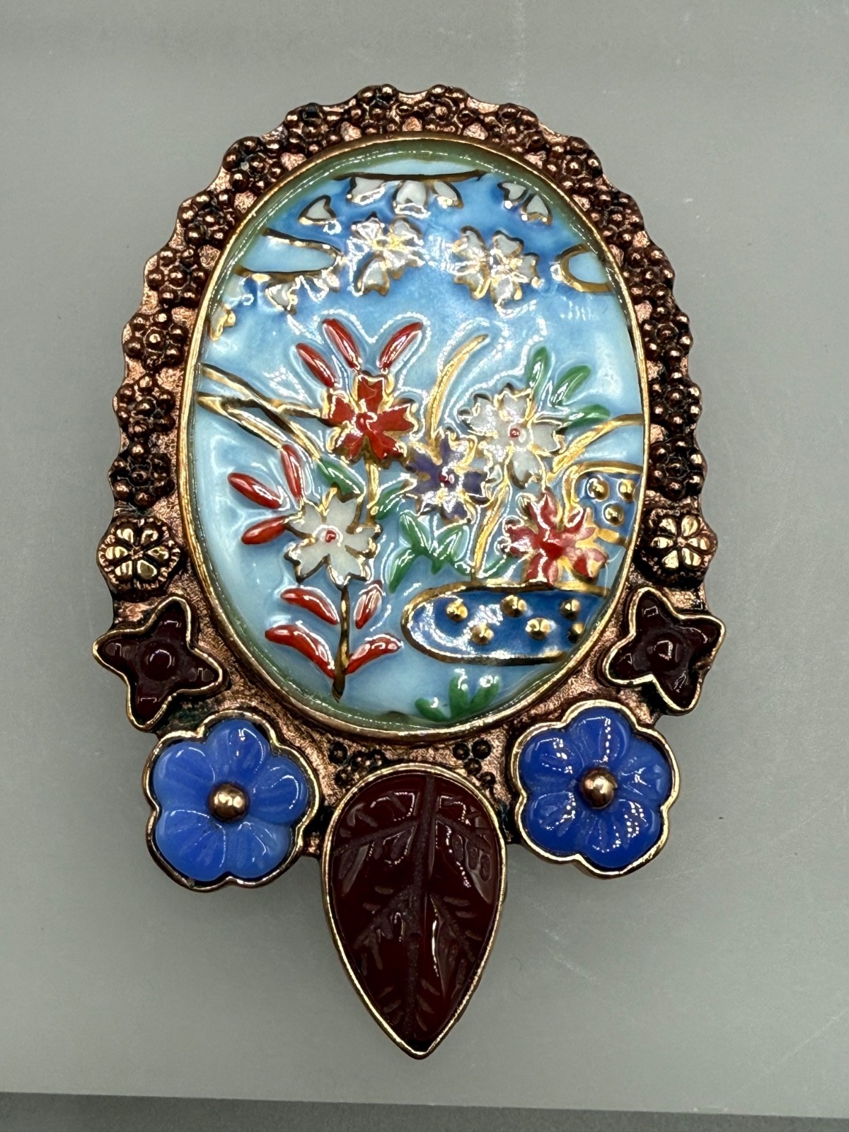 AMY KAHN RUSSEL SIGNED BRONZE ENAMEL STONE STATEMENT PENDANT BROOCH ROSE GOLD