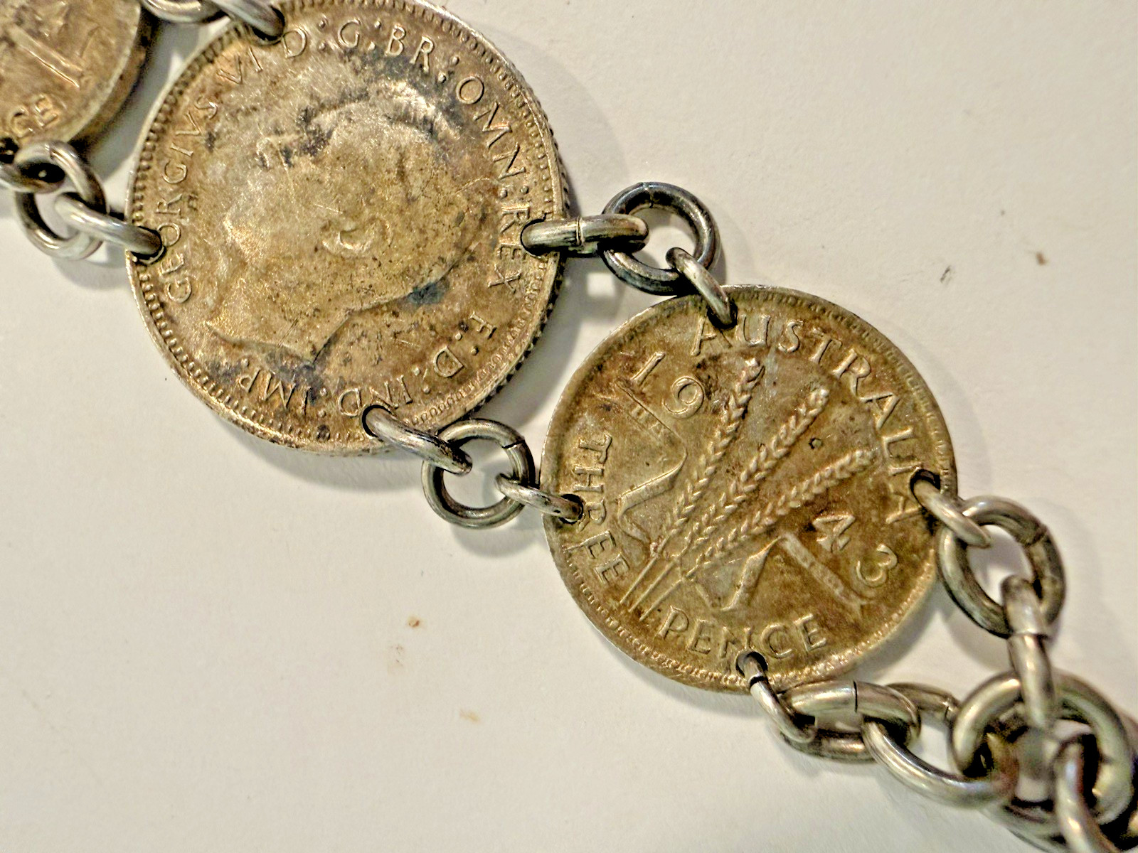 vintage coin Link bracelet 1940s Handmade australian sixpence threepence